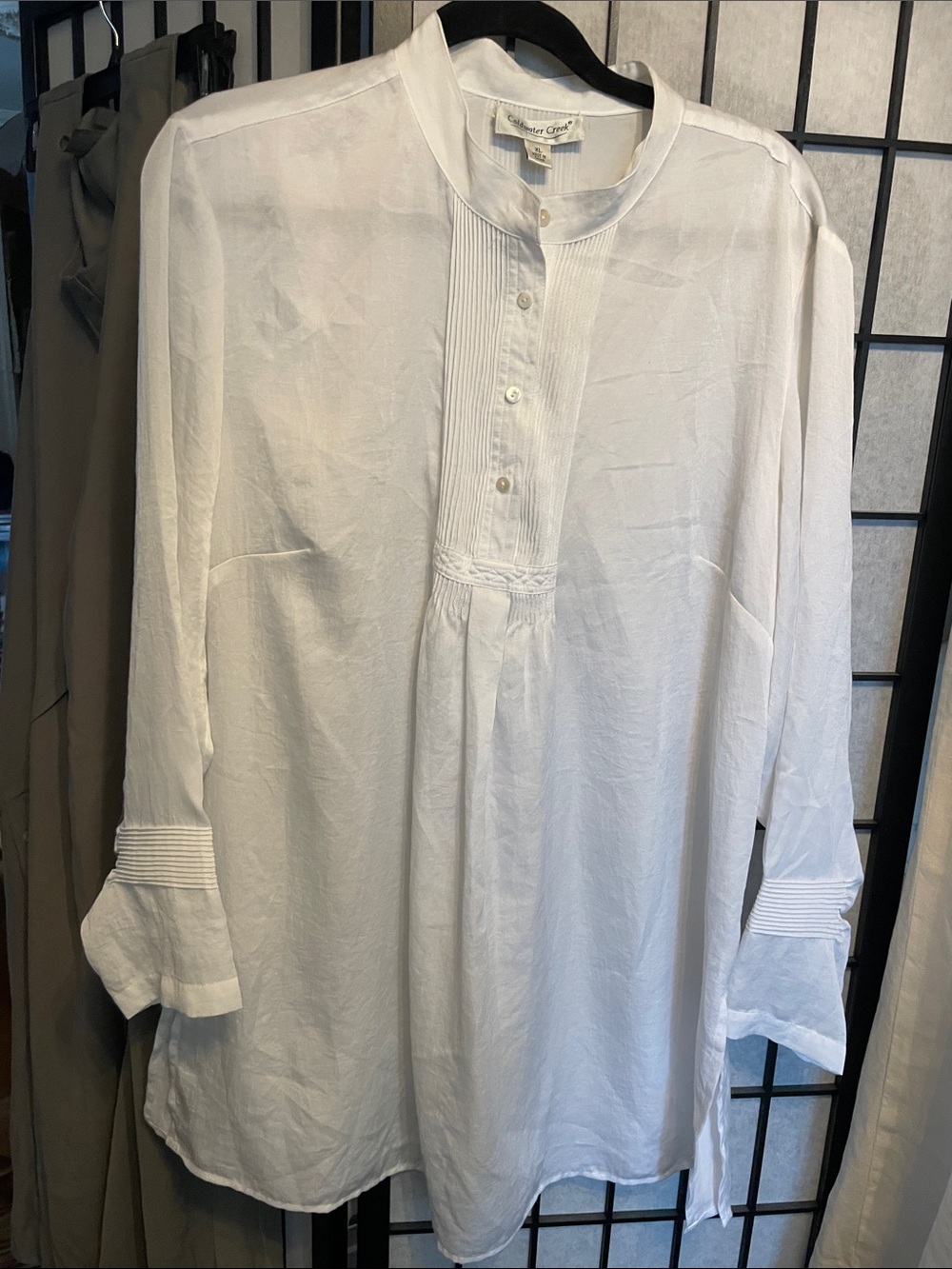 Coldwater Creek White Pintuck Mandarin Collar Blouse/Tunica